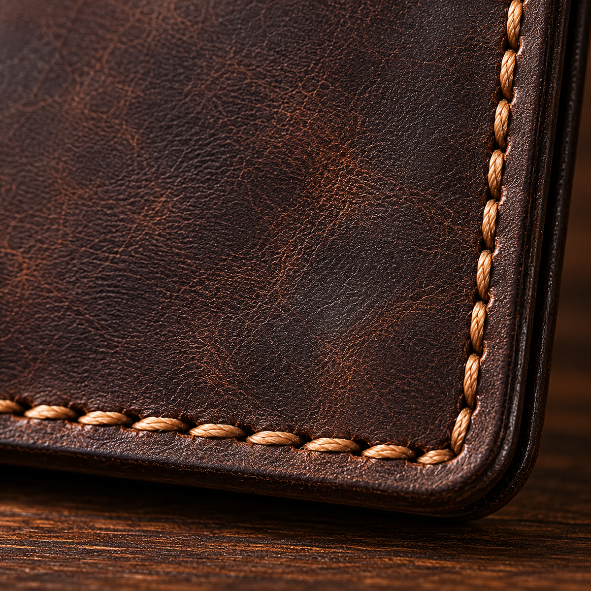 Horizontal Bifold Wallet in Dark Brown - macro