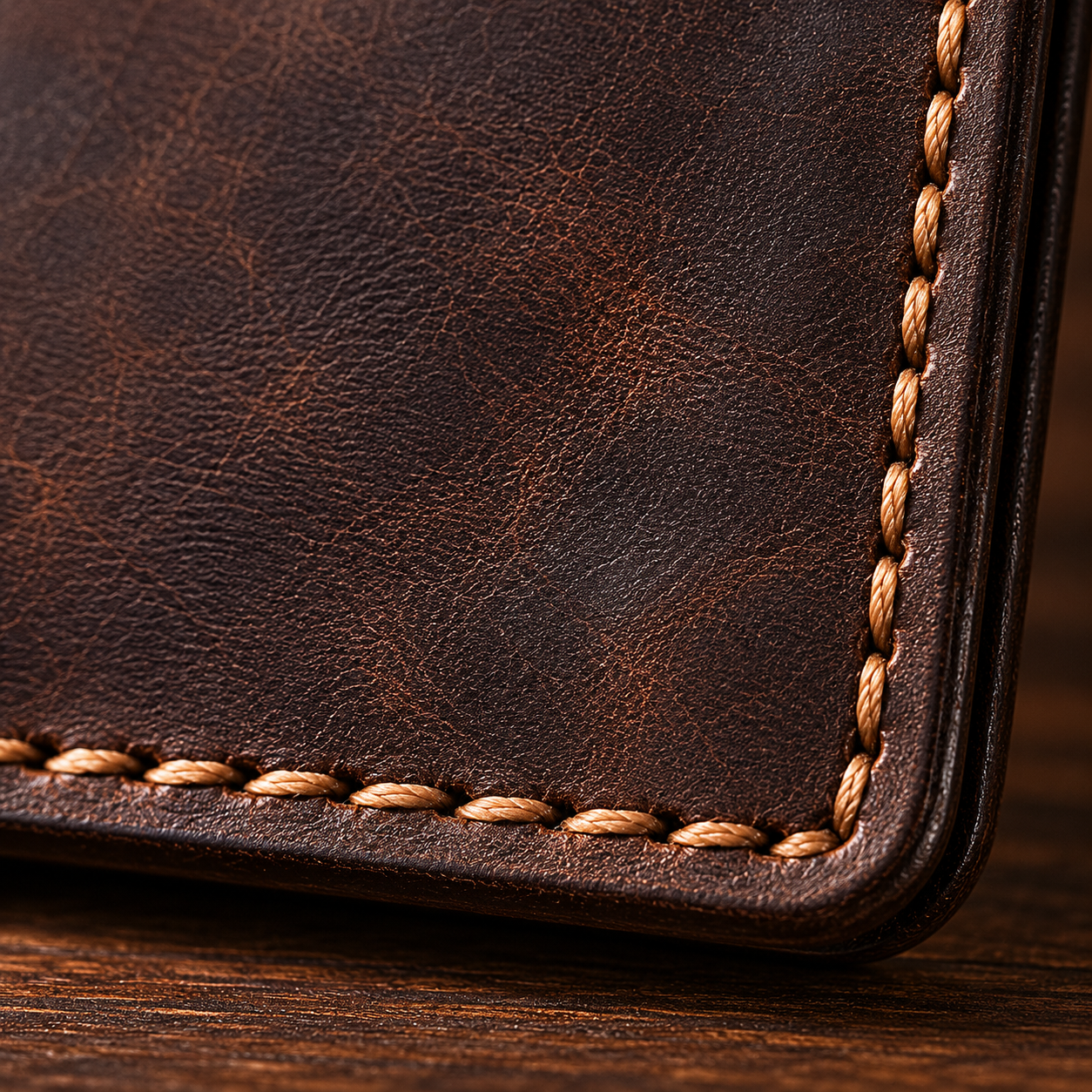 Horizontal Bifold Wallet in Dark Brown - macro