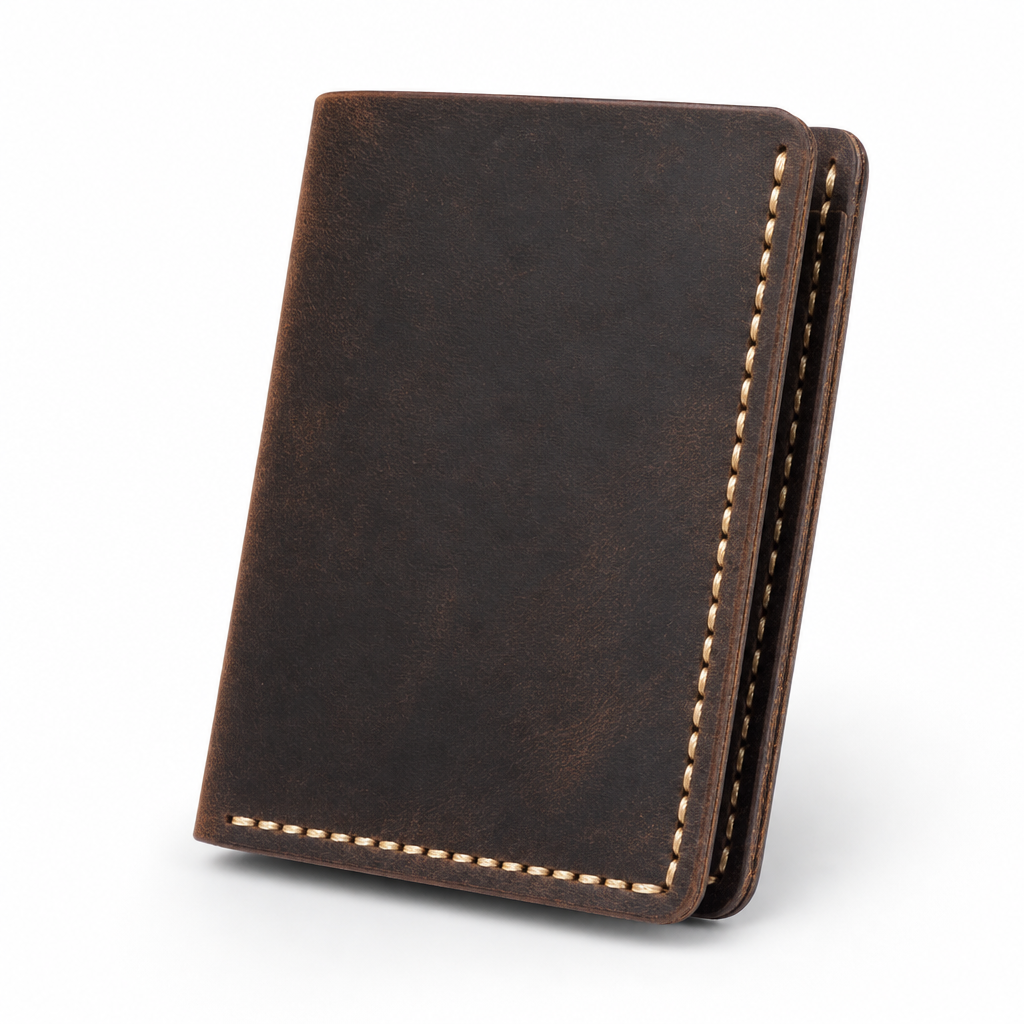 Vertical Bifold Wallet in Dark Brown - angle