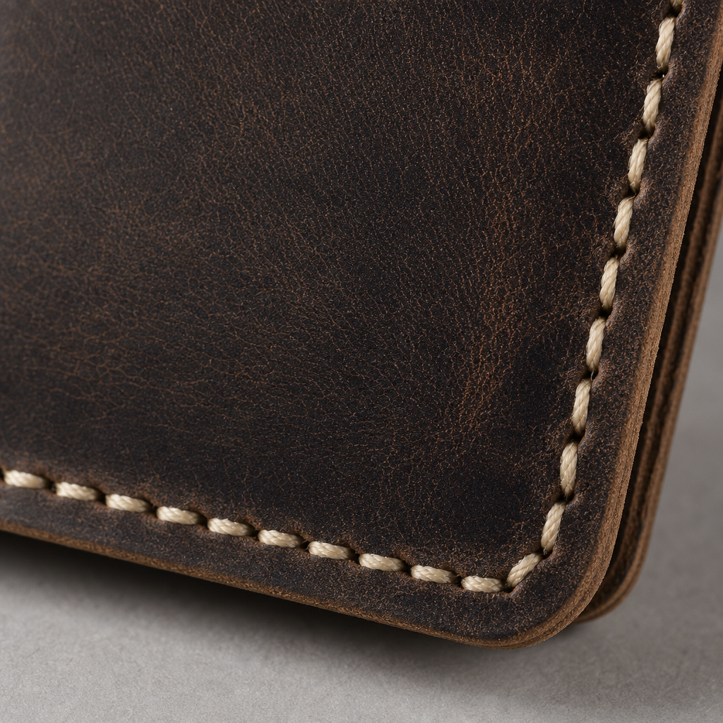 Vertical Bifold Wallet in Dark Brown - macro