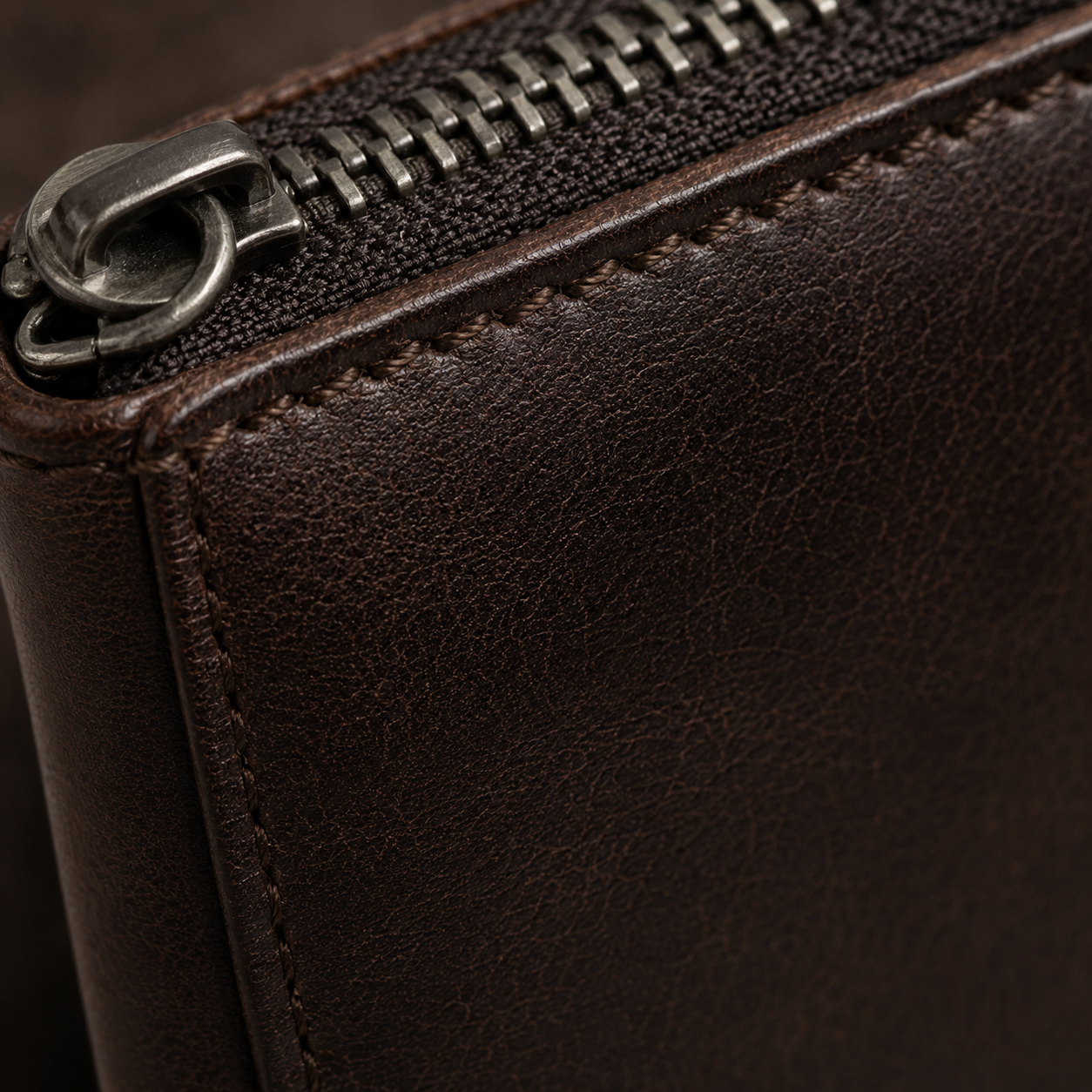 Zip-Around Wallet in Dark Brown - macro